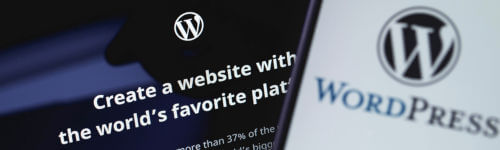 The wordpress logo is displayed on a phone screen.