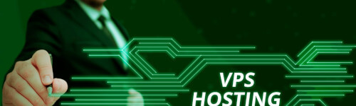 A person in a suit is touching a virtual interface with the words "VPS HOSTING" displayed on a green digital background, illustrating how easy it is to buy a NVMe VPS for enhanced speed and performance.