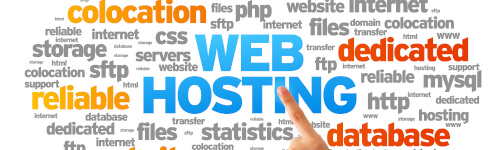 A hand points to the words "WEB HOSTING," surrounded by related terms like "web hosting Singapore," "database," "reliable," "dedicated," "storage," and "internet" in various sizes and colors.