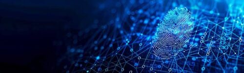 A digital fingerprint icon appears on a blue background with interconnected lines and nodes, representing cyber security and digital identification concepts.