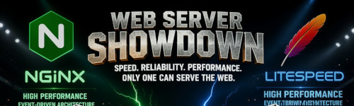 Banner image comparing NGINX and LiteSpeed web servers, highlighting speed, reliability, and performance with bold text and lightning graphics.