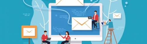 Illustration of people with laptops and envelopes around a large computer monitor against a blue background, symbolizing digital communication or email.