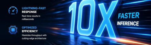 Graphic displays "10X Faster Inference" with icons highlighting "Lightning-Fast Response" and "Optimized Efficiency" for real-time and efficient performance.