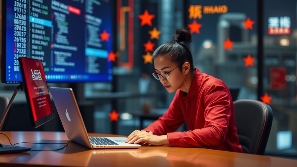 A person in a red shirt works on a laptop at a desk in an office with digital screens and graphs in the background.