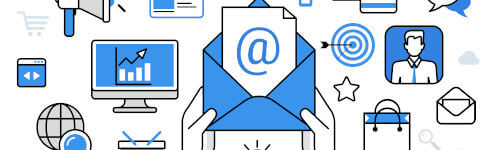 An illustration of email marketing with various icons around it.