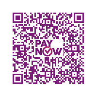 A purple qr code with the words pay now.