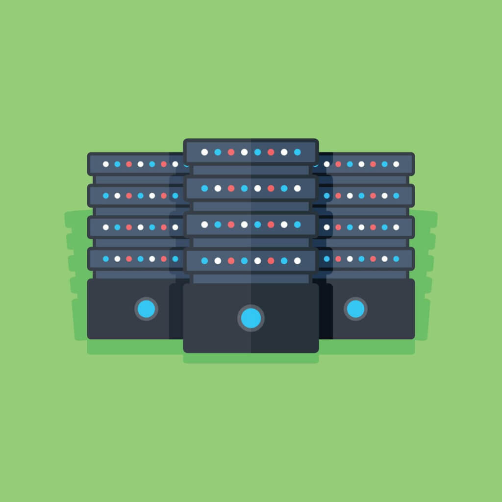 Illustration of multiple stacked server racks with indicator lights, arranged in rows on a green background—ideal for those looking to buy a NVMe VPS.