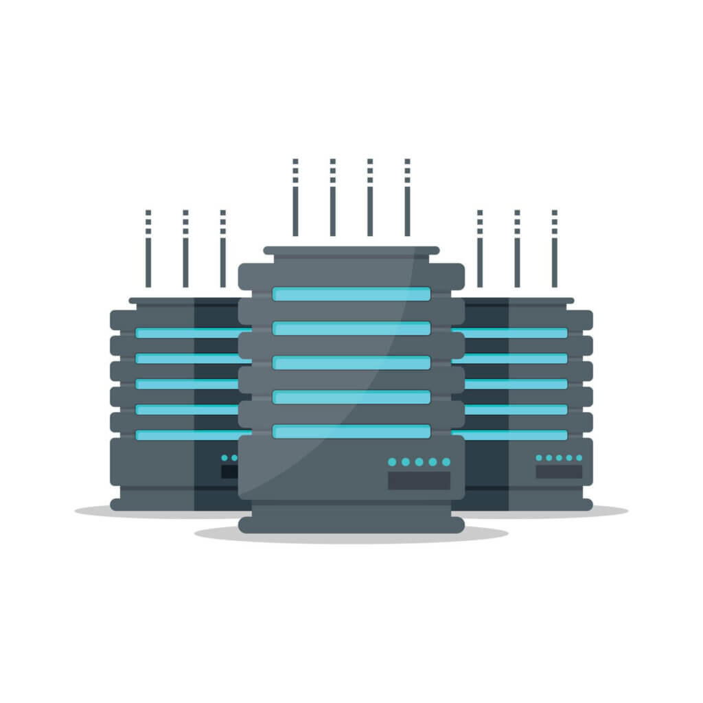 Illustration of three server racks with blue lights and antennas on a white background.