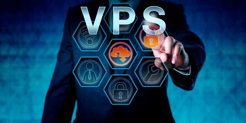 A person in a suit touches a virtual interface displaying "VPS," icons related to security, cloud technology, and hints at what is virtualization in the digital landscape.
