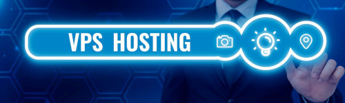 A person in a suit is touching a glowing virtual interface with the words "VPS Hosting" and technology icons on a blue background.