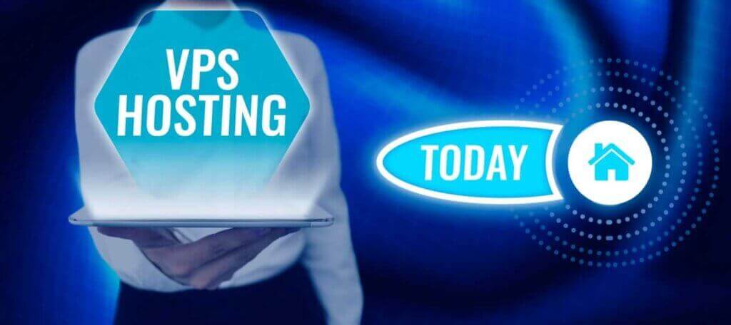 Person holding a tablet with a digital graphic that reads "VPS Hosting" next to icons for "Today" and a house, all set against a blue abstract background.