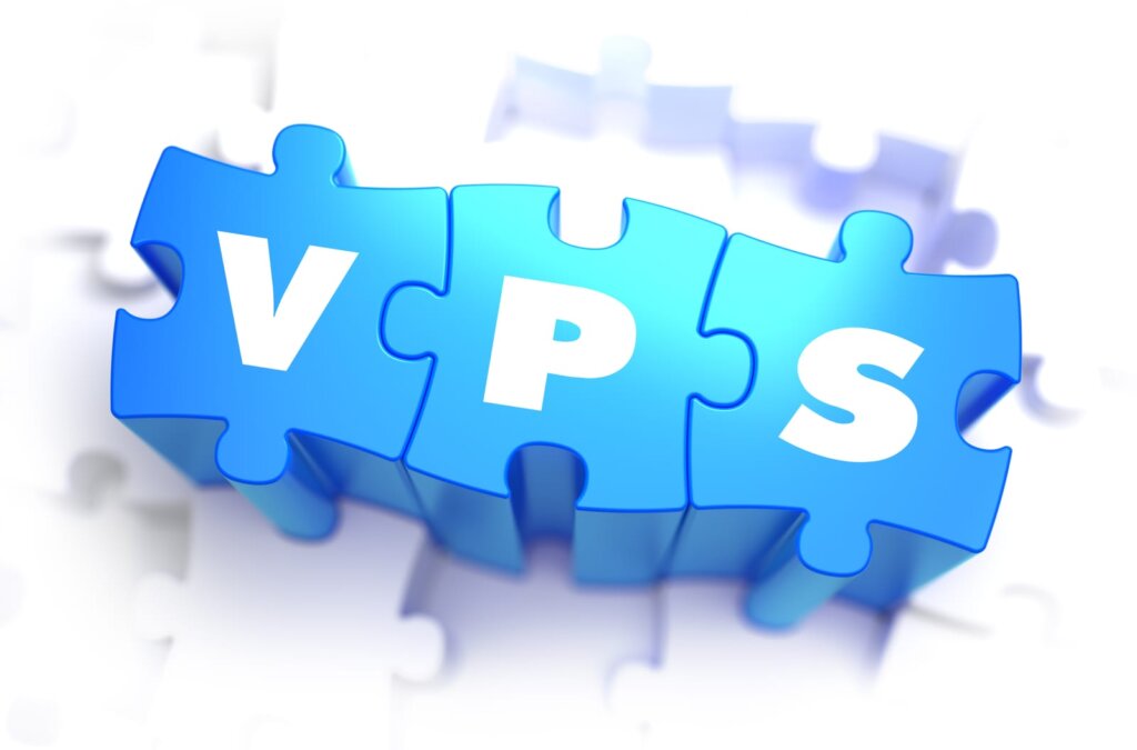Three blue puzzle pieces with the white letters "VPS" on them are connected together, symbolizing the term Virtual Private Server and illustrating what is virtualization in a visual form.