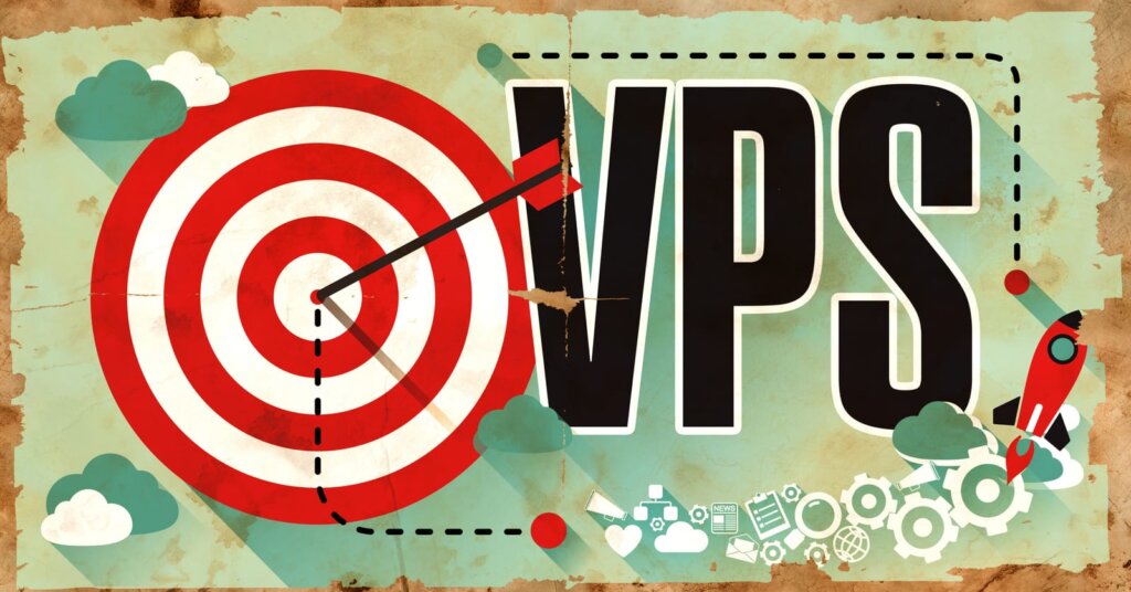 Illustration of a red target with an arrow hitting the center next to large text reading "VPS," surrounded by cloud and gear icons, symbolizing precision and answering what is virtualization.