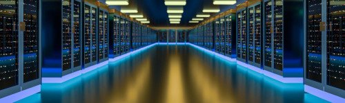 A brightly lit server room with rows of server racks on both sides, blue accent lighting, a reflective floor, and robust ZFS storage solutions managing critical data.