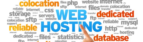 A hand points to the words "WEB HOSTING," surrounded by related terms like "web hosting Singapore," "database," "reliable," "dedicated," "storage," and "internet" in various sizes and colors.