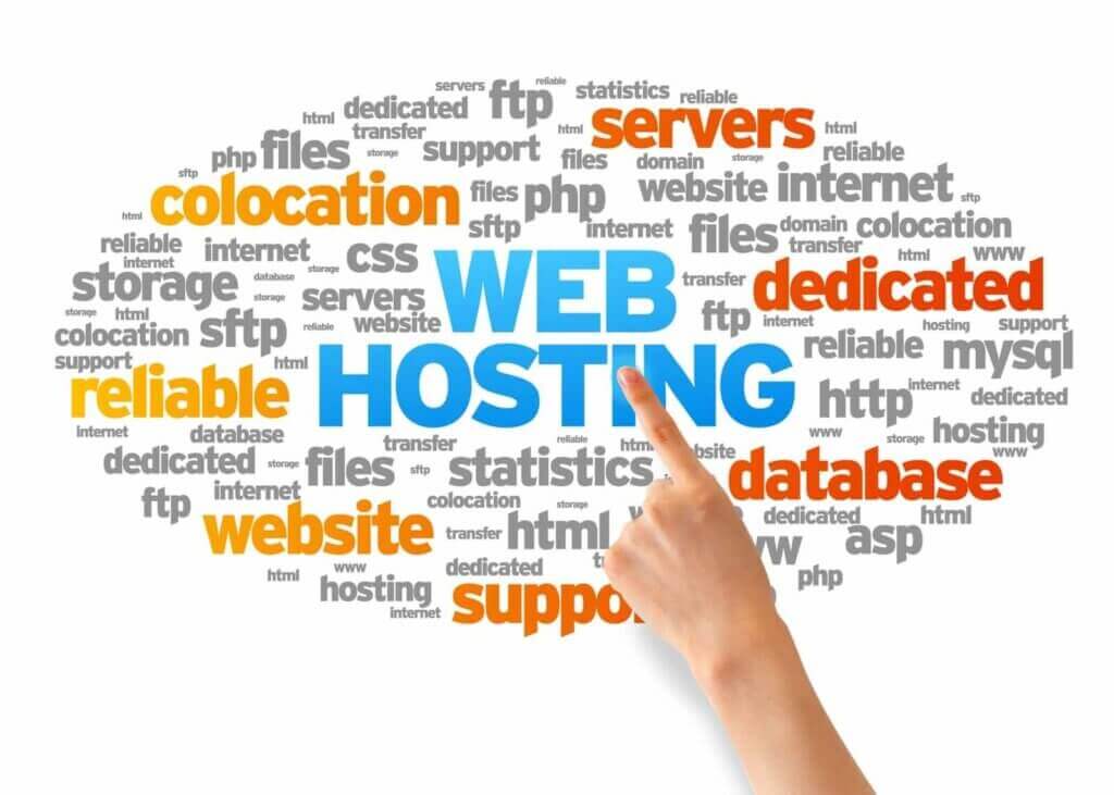 A hand points to the words "WEB HOSTING" surrounded by related terms like servers, website, web hosting Singapore, support, reliable, and database in various colors.
