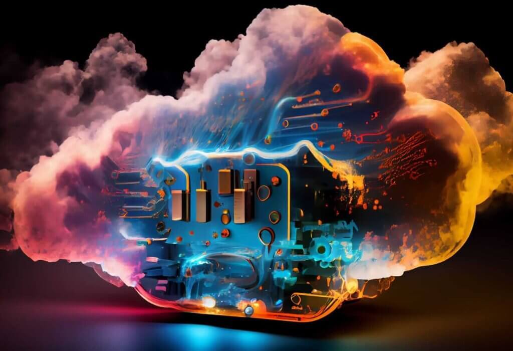 A colorful digital cloud with circuit board elements and glowing wires, symbolizing web hosting Singapore and technological connectivity against a dark background.
