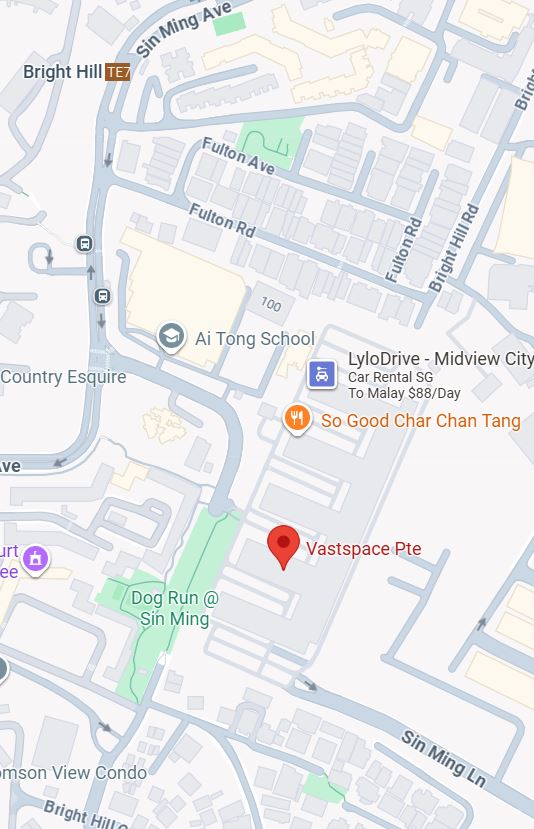 A map showing the location of Vastspace.Pte near Sin Ming Ave, with nearby landmarks including Ai Tong School and So Good Char Chan Tang.