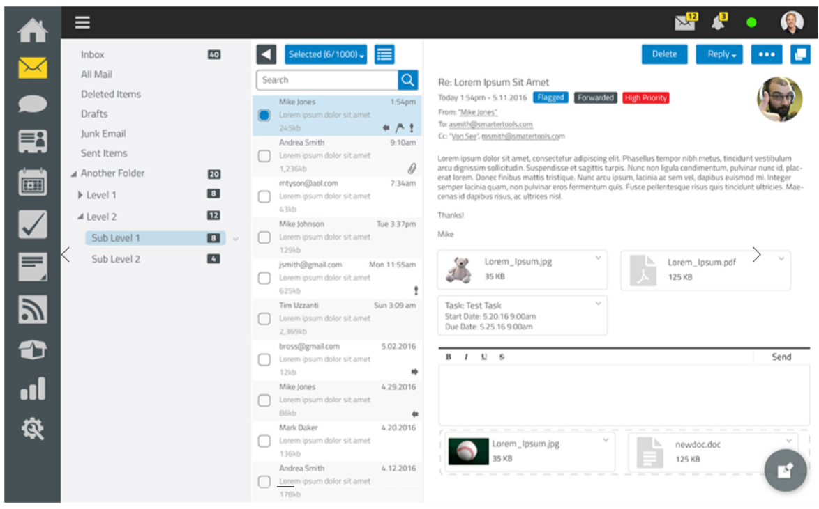 Screenshot of an email client interface showing inbox folders on the left, a list of emails in the center, and the content of a selected email with attachments on the right.