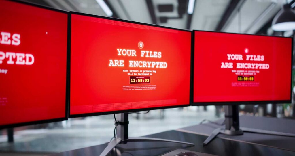 Three computer monitors display a red ransomware message reading "Your files are encrypted" with a countdown timer and payment instructions.