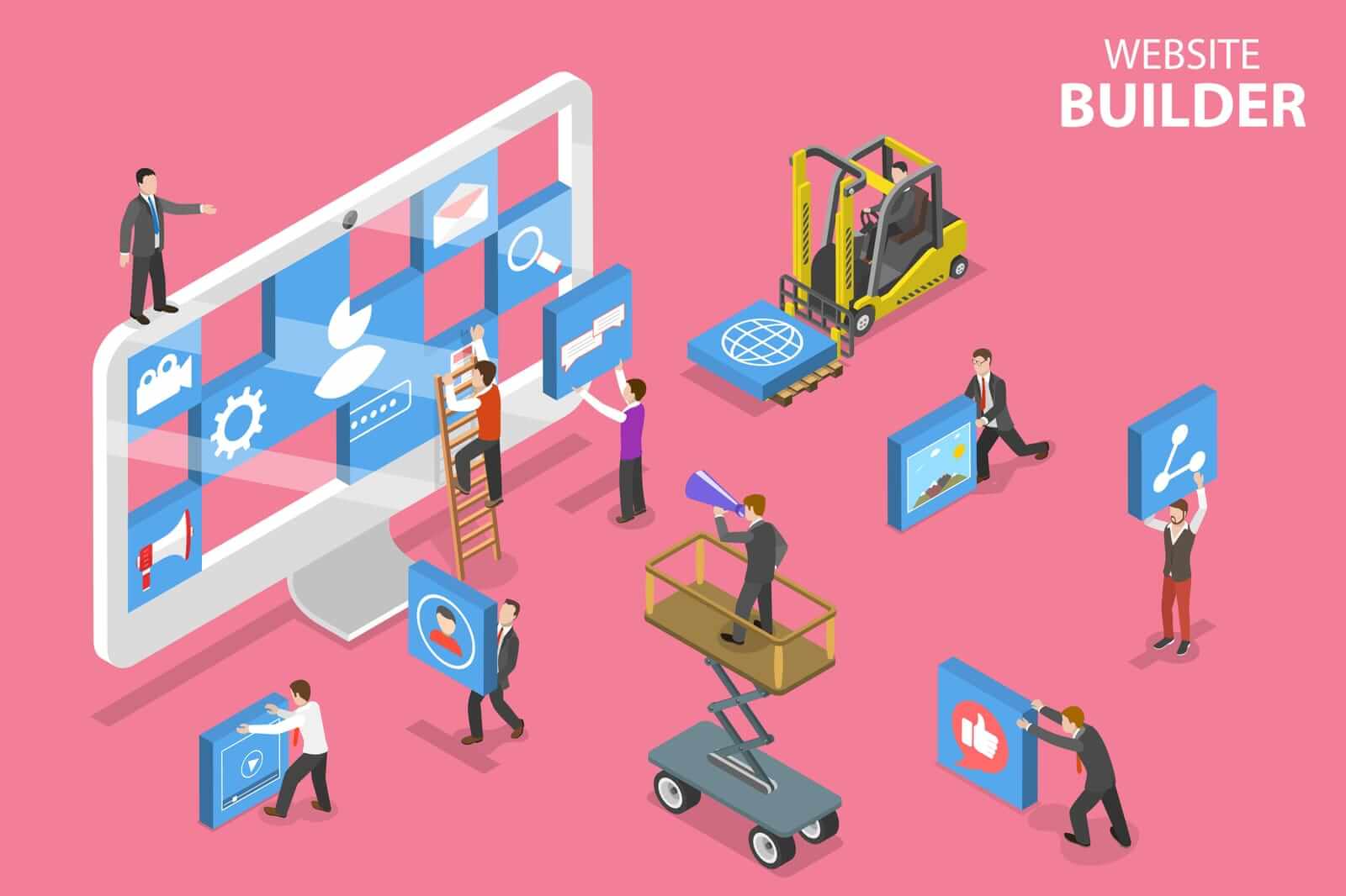 Isometric illustration of people assembling website interface elements using tools and equipment, with the text "Website Builder" on a pink background.