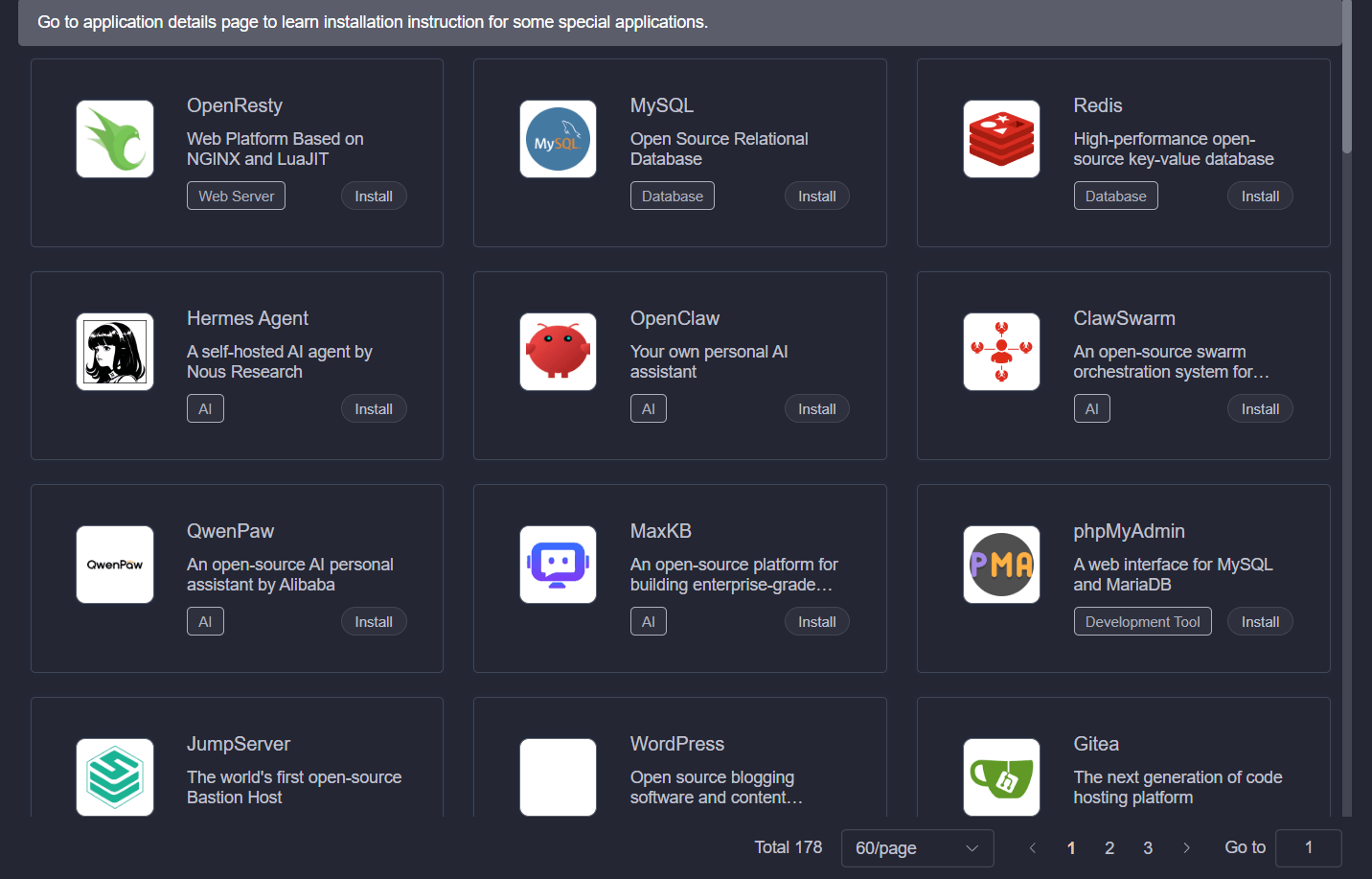Screenshot of a web page displaying a grid of application installation options, including MySQL, Redis, OpenResty, WordPress, Gittea, and phpMyAdmin, each with install buttons.