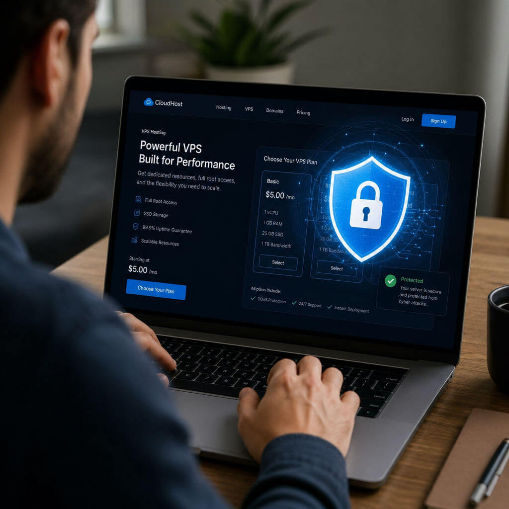 A person uses a laptop displaying a VPS hosting service webpage, featuring a large shield with a padlock icon illustrating security.