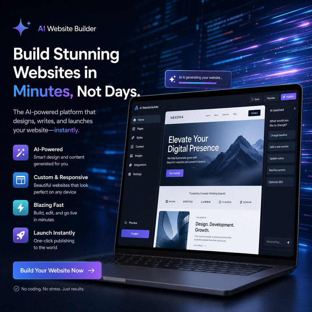 A promotional image for an AI website builder shows a laptop screen with a website editor, feature highlights, and a "Build Your Website Now" button.