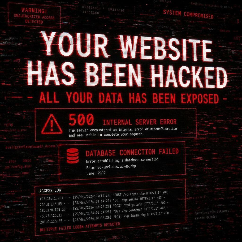 Red warning text on a black screen reads "Your website has been hacked - All your data has been exposed" with error messages and access log details below.