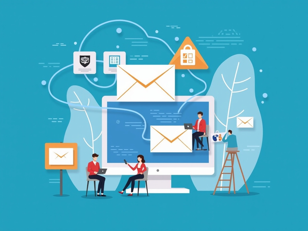 Illustration of people using laptops around a large computer screen with envelopes, symbolizing email communication, cybersecurity, and teamwork in a digital workspace.
