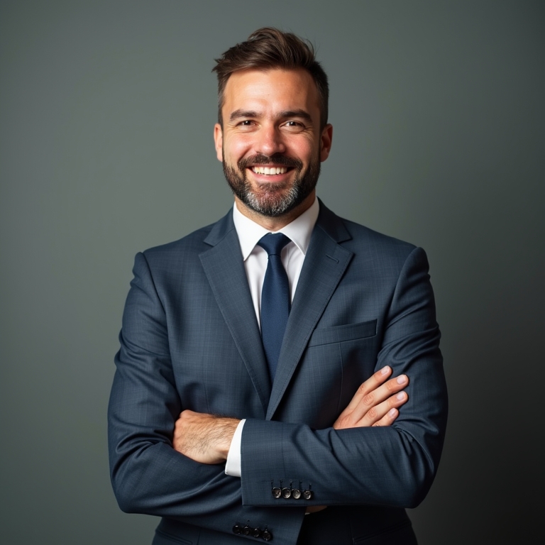 A man in a dark blue suit and tie stands against a plain gray background, smiling with arms crossed.