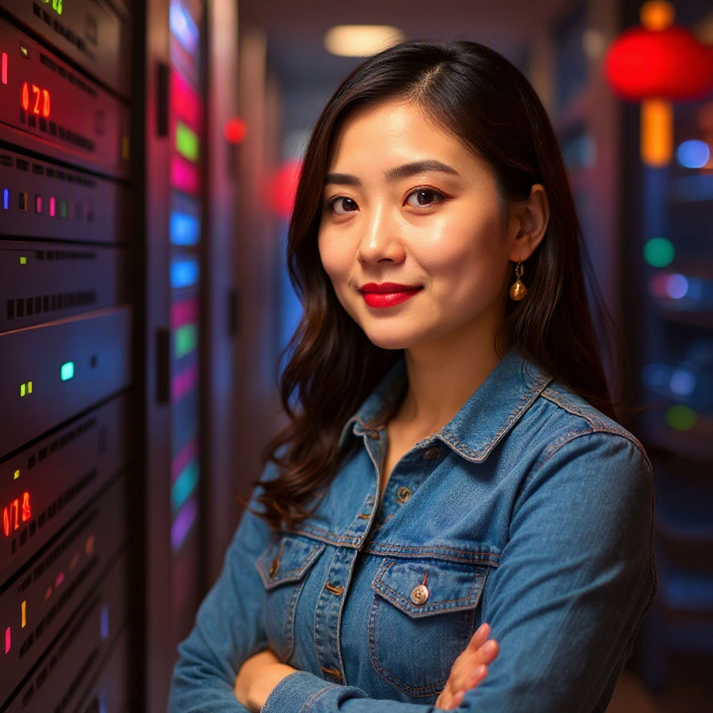 A woman stands with folded arms next to illuminated server racks in a hallway decorated with red lanterns.