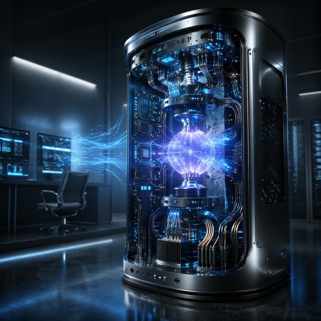 A futuristic quantum computer emits blue light and data streams in a high-tech lab with monitors and an empty chair in the background.