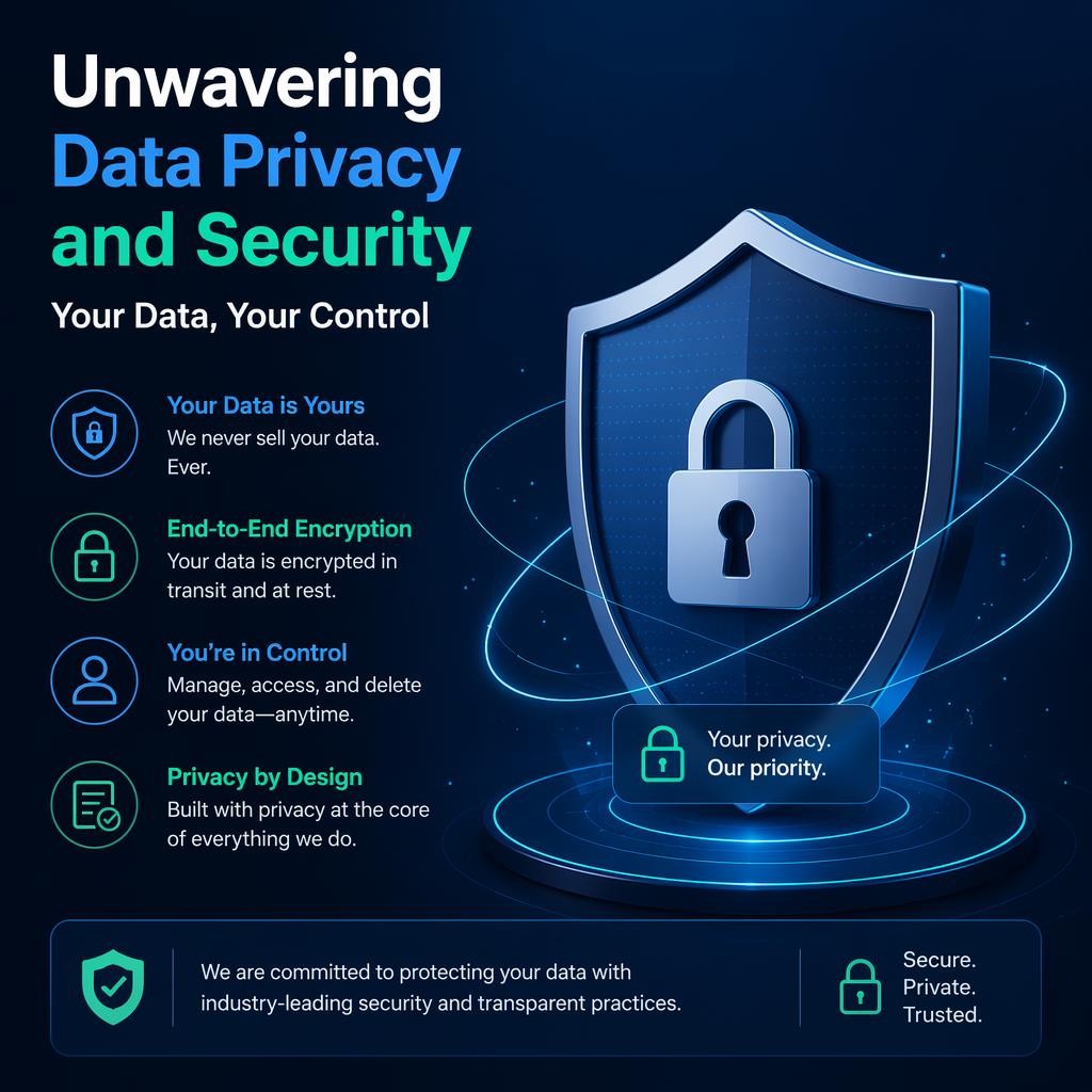 Infographic about data privacy and security featuring a shield with a padlock and text outlining end-to-end encryption, privacy by design, and industry-leading security practices.