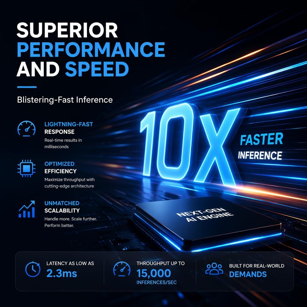 Promotional graphic highlighting a next-gen AI engine with 10x faster inference, lightning-fast response, optimized efficiency, and unmatched scalability. Key metrics and icons are shown.