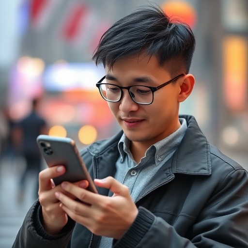 A person wearing glasses and a jacket stands outdoors, looking down at a smartphone and smiling, with a blurred city background.