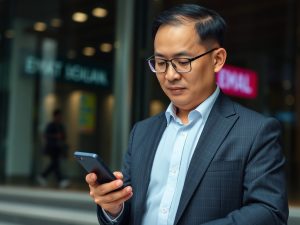 A man in a suit stands outdoors, looking at his smartphone. Glass doors and illuminated signs are visible in the background.