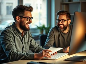 Two men with beards and glasses sit at a desk, smiling and working together on a computer in a warmly lit office.