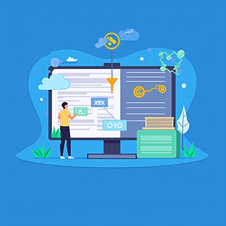 Illustration of a person analyzing data on large computer screens with charts, graphs, and documents, set against a blue background with plants and clouds.
