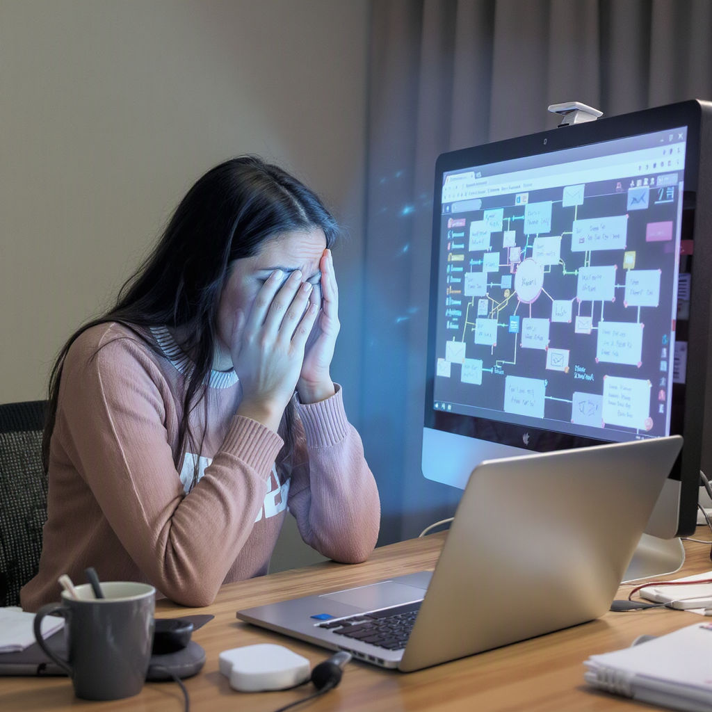 A woman sits at a desk with her head in her hands, looking stressed in front of a computer displaying a complex flowchart.