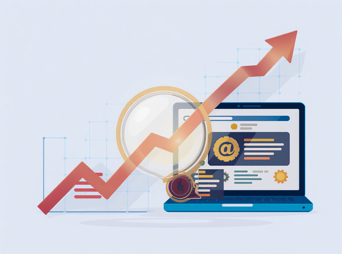 An upward red arrow overlays a laptop screen displaying web pages, a magnifying glass, and network icons, symbolizing online growth or digital success.